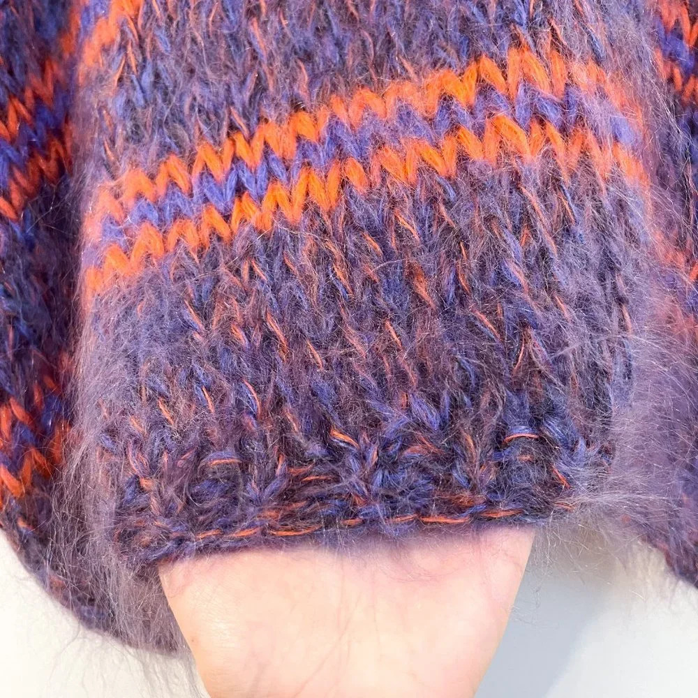 Les Tricots d'O Purple Kid Mohair Blend Striped Hand Knit V Neck Chunky Sweater - Picture 6 of 11